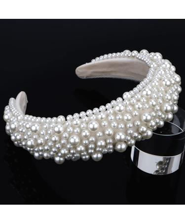 Hapdoo White Pearl Headbands for Women Girls  Cute Puffy Padded Headband with Faux Pearl for Wedding Bride Fashion  Wide Thick Beaded Bling Hairbands Hair Hoop Accessories for Birthday