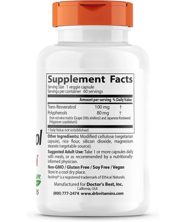Doctor's Best Trans-Resveratrol 100 mg - 60 Veggie Caps for Heart & Antioxidant Support - Buy Online on GoSupps.com