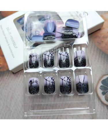 Buy Halloween Press on Nails - Short Square Glitter Black Gradient Full Cover Acrylic Nails for Women & Girls | 24 Pcs Spiderweb Design - Buy Online on GoSupps.com
