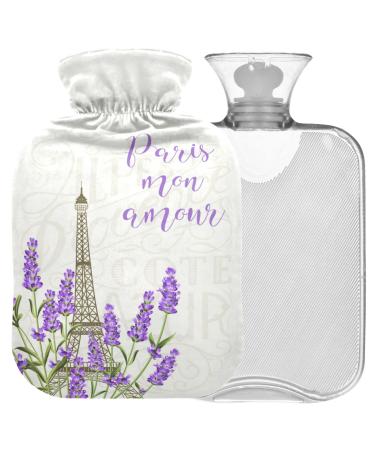 NAANLE hot water bottle with cover eiffel tower lavender Transparent hot water bottle heat bottle for back pain relief handfoot warmer neck warmth and cold therapy 1l