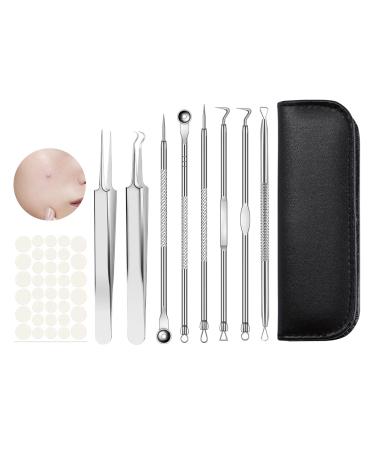 CiciIng Blackhead Remover Tool 9-in-1 Stainless Steel Pimple Extractor Set with Non-slip Handle Includes Pimple Patch for All Skin Types Silver
