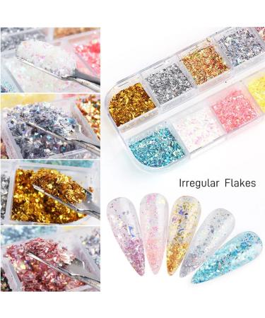 12 Grid Nail Art Foil Flakes & Glitter - Holographic Gold Silver Confetti for DIY Decoration - Buy Online on GoSupps.com