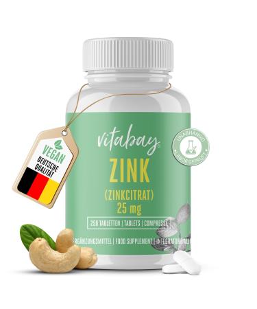 Zinc 25 High quality zinc citrate - Premium quality - Made in Germany - 250 vegan tablets (500 portions) zinc citrate with 25 mg zinc per half tablet 250 pieces (1 Pack)