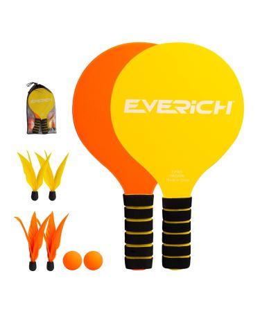 EVERICH TOY Beach Paddle Ball for Kids & Adults, Wooden Racket Paddle Game Set, Indoor and Outdoor Racquet Sport, Fun Backyard or Lawn Activity, Includes 2 Paddles, 2 Balls, 4 Birdies yellow orange paddles 4birdies 2 balls