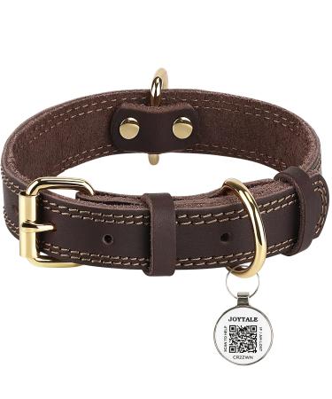 Joytale dog collar leather with QR ID day soft real leather dog collar durable and adjustable for medium dogs brown m m (30-39cm) brown