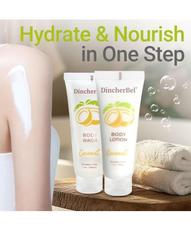 DincherBel Travel Size Body Wash and Body Lotion - Bulk Hotel Toiletries Supplies for Guests - Refreshing Tropical Coconut Scent Shower Gel and Body Cream for Men & Women (1 Fl Oz 100 Pack) - Buy Online on GoSupps.com