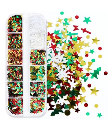 Gzmayuen 12 grids/boxes Christmas nail art glitter sequin snowflake nail art glitter 3d mixed nail flakes supply winter nail art designs holographic sequins for nail decorations 002
