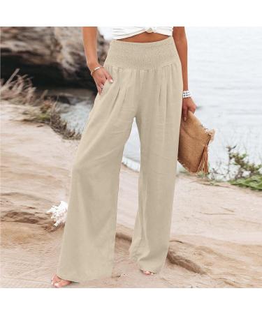 JEGULV Linen Pants for Women - High Waist Wide Leg Palazzo Lounge Pants - Khaki - Small - Buy Online on GoSupps.com