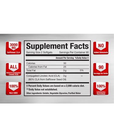 CLA 3000 Safflower Oil - Metabolism & Weight Loss Management - 180 Non-GMO Softgels - Buy Online on GoSupps.com