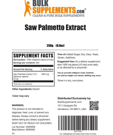 Saw Palmetto Extract Powder - 1000mg per Serving - Gluten Free - 250g (8.8 oz) - BulkSupplements - Buy Online on GoSupps.com