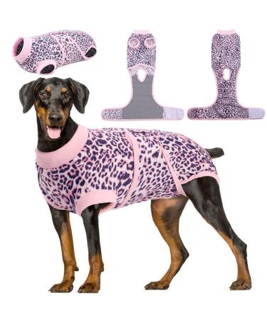 Kuoser Dog Surgical Recovery Suit, Pet Leopard Printed Recovery Shirt Dog After Surgery Vest for Abdominal Wounds Skin Disease, E-Collar & Cone Alternative, Prevent Licking Dog Onesies X-Large (Back:20.1-24.8'', Weight:42-75 LB) Pink