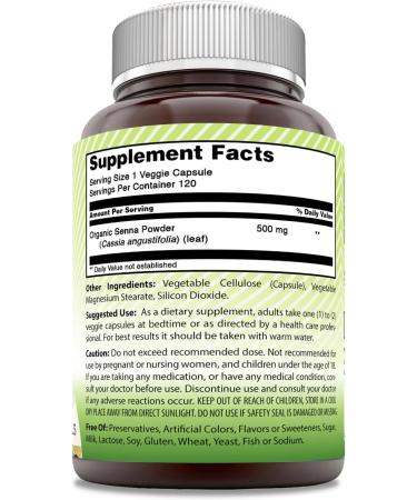 Amazing India Organic Senna 500mg 120 Capsules - Non-GMO, Gluten Free, Vegan - Supports Digestive Health, Regularity & Detox - Buy Online on GoSupps.com
