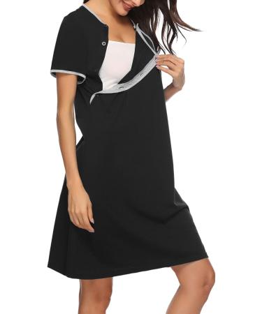Sykooria Women's Maternity Nursing Nightdress - Short Sleeve V Neck Nightgown in Black - Soft Sleep Shirt for Pregnant Women - Buy Online on GoSupps.com