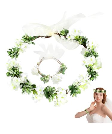Flower wreath 1 piece of hair ripe flowers +1 pieces of flower bracelet size adjustable garland headband flowers fairy wreath flower stirring flower wreath hair wedding bride bridesmaid children (white)
