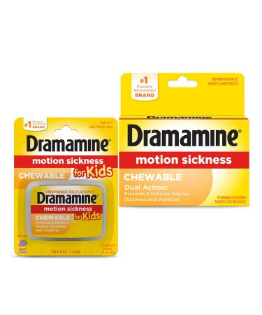 Dramamine Motion Sickness Relief for Kids Grape Flavor 8 Tablets & Dramamine Motion Sickness Relief Chewable Tablets Orange Flavored 8 Tablets