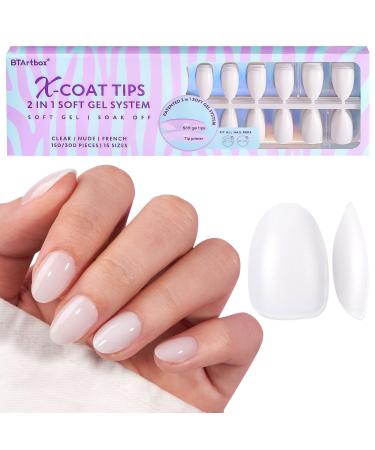 Gel Nail Tips Almond XS Short - BTArtboxnails Soft Gel Nail Tips Extra Short Almond Shape, Milky White Press On Nails Short 150Pcs 15Sizes, 2 in 1 Neutral X Coat Tips with Pre-applied Tip Primer Cover, Stronger Adhesion Fake Nails Short for Nail Extension