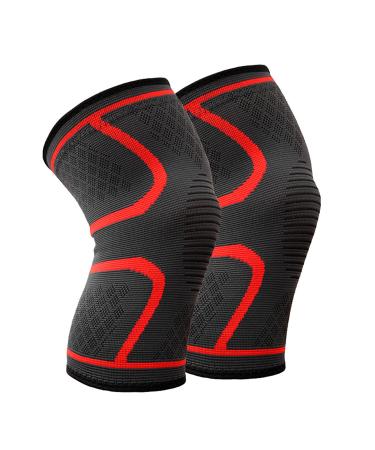 BESKEY Knee Support (Pair) Anti Slip Knee Brace Elastic Breathable Knee Compression Sleeve Help Joint Pain Relief for Arthritic Sufferer and Recovery from Injuries Fit for Sports (L Red) Large Red