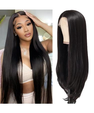 Straight Synthetic Lace Front Wig: 28 Inch Natural Black Glueless Wigs with Baby Hair - 13x5x1 Long Pre Plucked HD lace Frontal Wigs for Women 28 Inch Natural Black Lace Front Wig