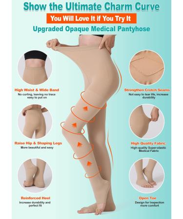 MGANG Compression Pantyhose Open Toe Waist High 20-30mmHg Beige - Firm Support Stockings - Buy Online on GoSupps.com