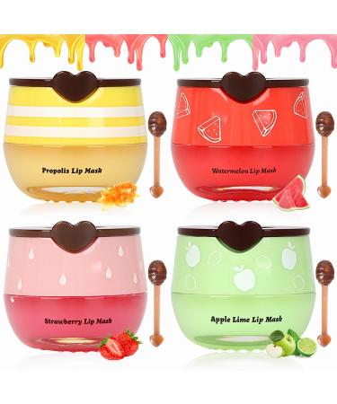 4 PCS Bee Lip Balm Lip Mask Honey Pot Valentines Day Gifts Honey & Strawberry & Watermelon & Apple Lime Lip Sleeping Mask Propolis Moisturizing Lip Balm with Stick Galentines Day Gifts Party Favors