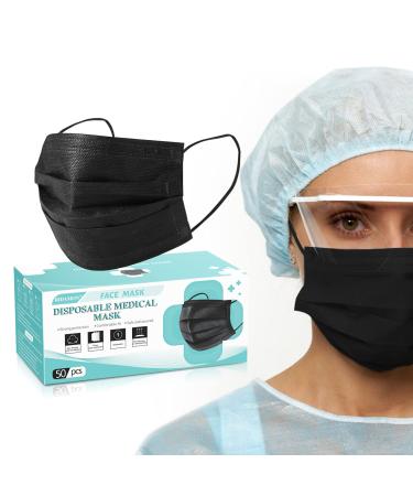 Black disposable face masks medical grade,3 layermasks disposable 50 pack 50 Count (Pack of 1)