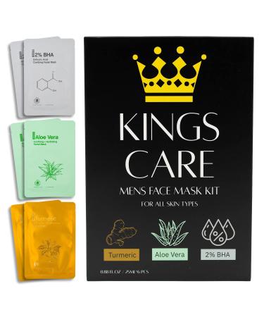 Kings Care Mens Face Mask Skin Care Kit (6 Pack) - Turmeric Anti-Acne Aloe Vera Soothing & 2% BHA Salicylic Acid Sheet Mask - Skin Care for Men Face Masks for Hydrating Brightening & Refining Pores