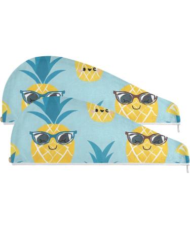 Super Absorbent Pineapple with Sunglasses Hair Towel 2 Pack | Quick Drying Turbans for Women & Girls | Ideal Hair Wrap with Button Twist - Buy Online on GoSupps.com