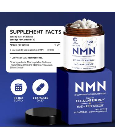 NMN Supplement 500mg | 99% Pure | NAD+ Precursor for Cellular Energy Longevity Repair and Healthy Aging Support | Third-Party Tested & Non-GMO | Nicotinamide Mononucleotide | 60 NMN Capsules - Buy Online on GoSupps.com