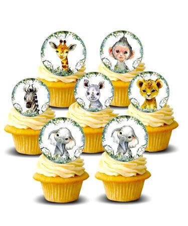 24x Pre-cut 4cm Baby Shower Safari Animals Circles Thick Wafer Card Standing Cupcake Toppers Birthday Party Cake Decorations