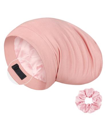 LULUSILK 100% Mulberry Silk Sleep Cap Silk Bonnet for Sleeping  No More Frizzy Tangled Hair  Stay On All Night Adjustable Silk Hair Wrap for Sleeping with Scrunchie  Pink  Pack of 1