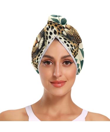 Leopard Plants Hair Towel 2 Pack Super Absorbent Hair Drying Towel Quick Dry Hair Turbans Head Towel with Button Twisty Wrap for Women Girls