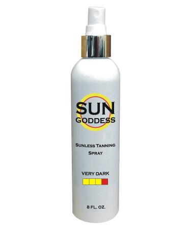SUN GODDESS - Sunless Self Tanning Spray (Pump) - VERY DARK - 8 oz + INCLUDES: Applicator Mitt Application Gloves Best Fake Tanner Lotion Mousse Sample Gorgeous Natural Looking Tan Lasts 7 Days