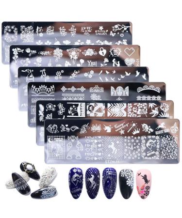 Mwoot 6Pcs Pretty Nail Art Stamping Plate Set Unicorn Cat Bird love Leaves Lace Theme Manicure Print Tool