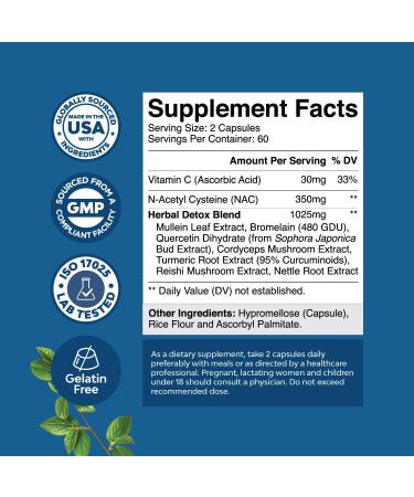 Lung Detox Mullein Leaf Capsules - Purifying Mullein Lung Cleanse Complex with NAC Quercetin & Cordyceps Extracts - Leaf Herb Respiratory Supplement for Sinus Immunity & Breathing Support - 120 Count - Buy Online on GoSupps.com