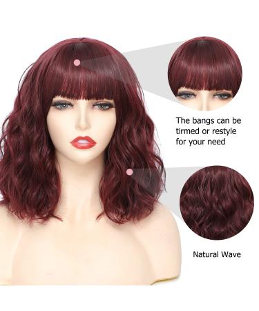 SOKU Bob Wavy Wig with Bangs Burgundy 14 Inch - Natural Wave Hair Dark Wine Curly Wig for Women - Heat Friendly Synthetic Fiber - Daily Wear - Natural Looking - Buy Online on GoSupps.com