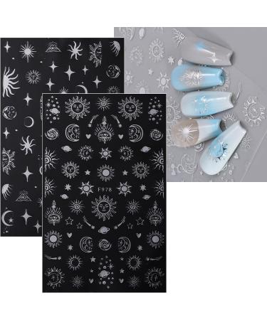 JMEOWIO Self-Adhesive Silver Nail Art Stickers - Moon, Star, Sun Design - 8 Sheets - Buy Online on GoSupps.com