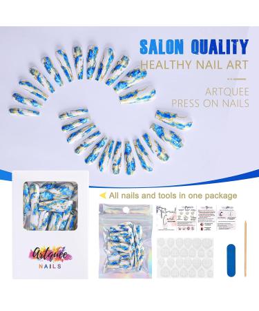 Artquee 24pcs Blue Press on Nails Long Ballerina - Glossy Acrylic Fake Nails with Gold Stroke Designs - Coffin False Tips for Women and Girls - Buy Online on GoSupps.com