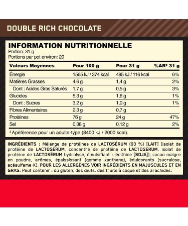 Optimum Nutrition Gold Standard 100% Whey Prot ine en Poudre Go t Double Chocolat Riche 620g 20 Doses - Buy Online on GoSupps.com