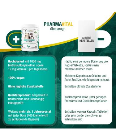 Buy Pharmavital Vegan MSM & Vitamin C Capsules (400 pcs) - High Dose 1000mg Methylsulfonylmethane from Germany | International Shipping - Buy Online on GoSupps.com