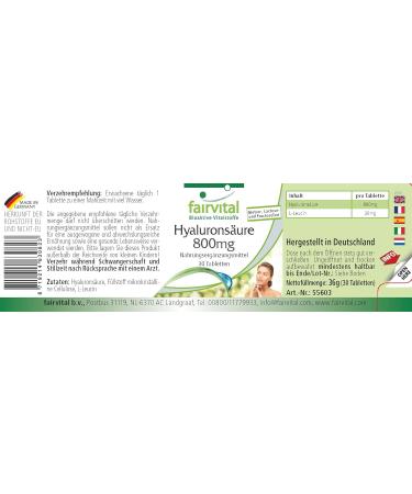 Fairvital | Hyaluronic acid 800 mg - 30 tablets - Extra high dosage - Monthly pack - 100% vegan - Buy Online on GoSupps.com