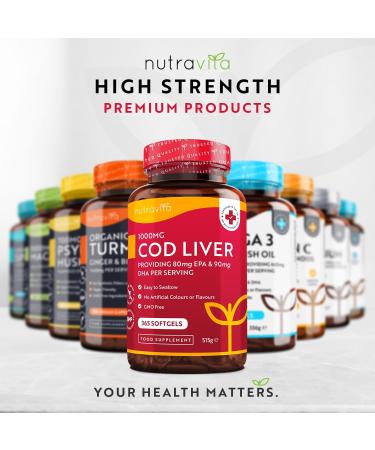 Nutravita Cod Liver Oil 1000mg - 365 Softgels | High Strength Omega 3 Vitamins A D E & Garlic Oil | Supports Heart & Brain Health | Made in UK - Buy Online on GoSupps.com