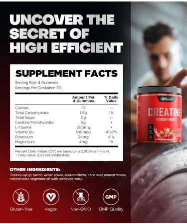 99.99% Creatine Monohydrate Gummies More 15% Strength 5X Energy & Muscle Support Pre-Workout Complex Creatine for Women & Men with 5000mg Creatine L-Taurine B12 Mg & K 0 Sugar Vegan Strawberry 120 Count (Pack of 1) - Buy Online on GoSupps.com