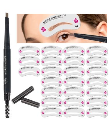 Eybrowing template set with 24 reusable eyebrow templates 1 eyebrow pen for beginners and professionals (Eyebrow Pencil + Eyebrow Template (Brown))