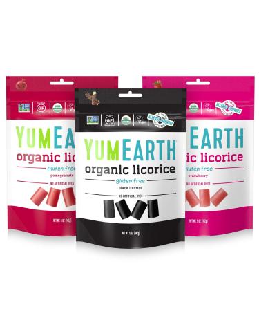 YumEarth Organic Licorice Lovers Variety Pack, 5oz(Pack of 6), Allergy Friendly, Strawberry, Pomegranate, Black Licorice, Gluten Free, Non-GMO, Vegan, No Artificial Flavors or Dyes Strawberry, Pomegranate, Black Licorice 5 Ounce (Pack of 6)