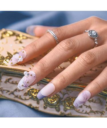 Sethexy Long Coffin Ballerina False Nails - 24 Matte Purple Sparkle Acrylic Nail Tips for Women & Girls - Buy Online on GoSupps.com