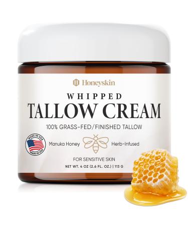 Honeyskin Whipped Tallow and Honey Cream 100% Grass-Fed All Natural Mountain Beef Tallow for Skin Face Moisturizer Nourishing Hydrating Cream for Dry Sensitive Skin Gentle Soothing Care 4oz 4 Ounce (Pack of 1)