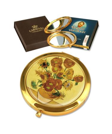 CARMANI Gold Plated Bronze pocket compact travel Mirror decorated with Van Gogh 'Sunflowers' painting