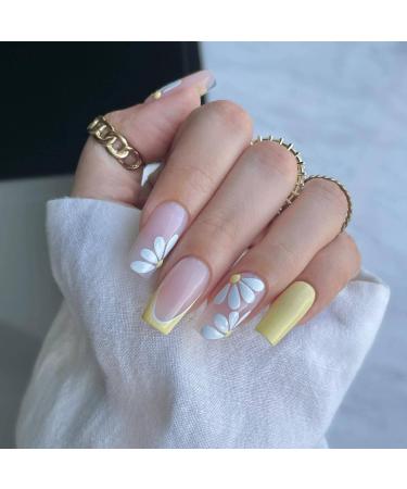 Yellow Daisy French Tip Press on Nails - 24Pcs Short Square False Nails for Women - Buy Online on GoSupps.com