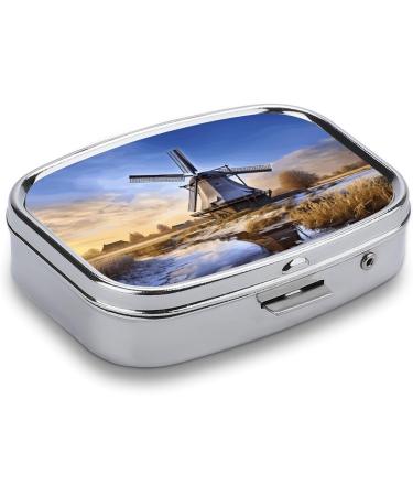 Traditional Windmill Print Pill Box | 2 Compartment Metal Pill Organizer | Portable Pocket & Purse Storage - Buy Online on GoSupps.com