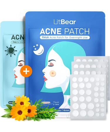 LitBear Acne Pimple Patches- Day and Night 4 Sizes 180 Dots Thin & Thick Hydrocolloid Patches with Witch Hazel, Tea Tree & Calendula Oil, Extra Adhesion Pimple Patches for Face Zit Patch Acne Dots AM + PM